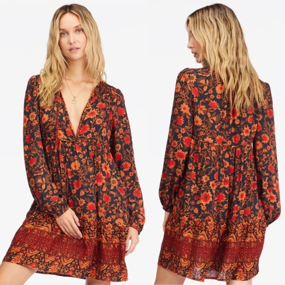 Billabong Hearts Desire Long Sleeve Mini Dress in Black Combo Size Large
